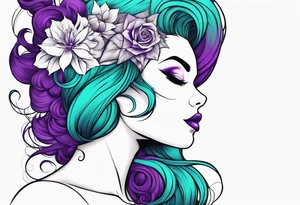 Pinup woman with purple and teal cooled hair underwater tattoo idea