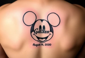 mickey mouse symbol with the name Galileo and the date August 14,2020, incorporated tattoo idea