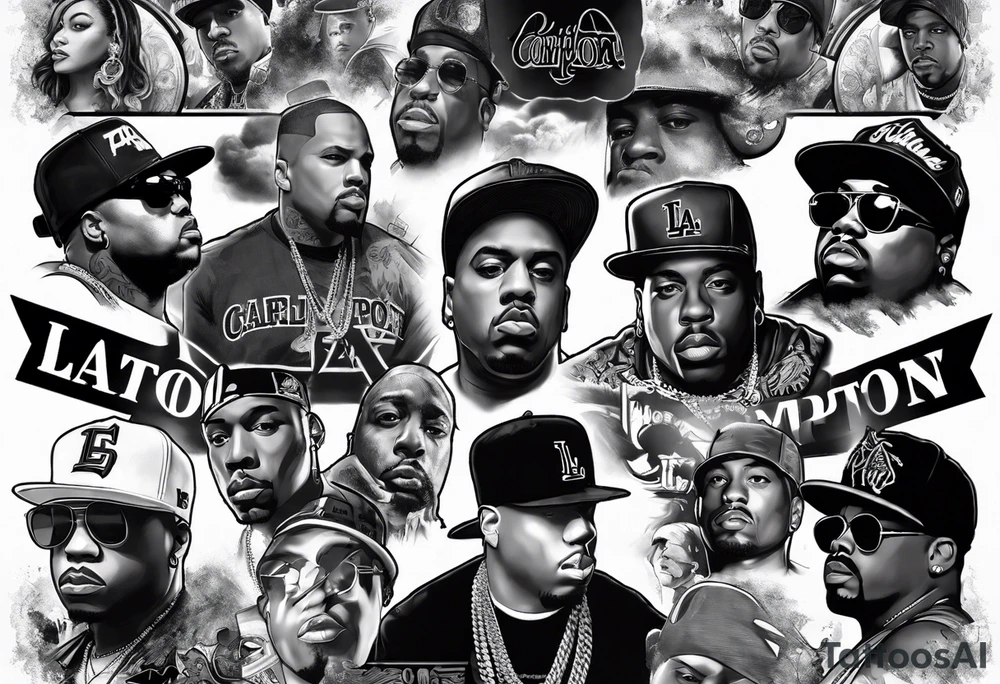 To design a leg sleeve tattoo featuring famous rappers Biggie Smalls, Tupac, Eminem, Dr. Dre, Eazy-E, Ice Cube, along with the LA sign and California Compton theme in black and white shading, follow these steps: tattoo idea