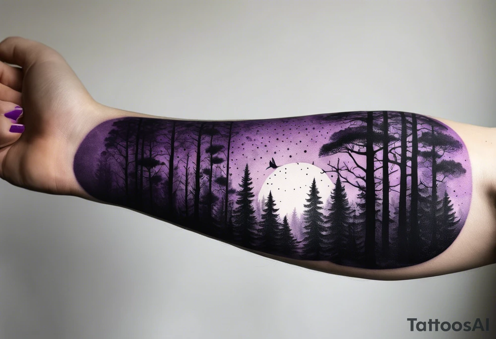 forest, purple and black, covered from wrist to forearm, fully covered, no borders, blackwork tattoo idea