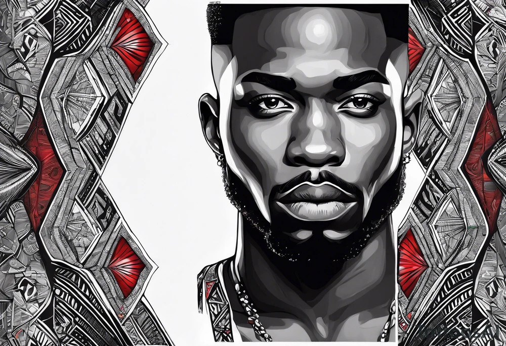 homem divindade africano realista em preto e cinza com os olhos vermelhos. Fundo da imagem com tons vermelhos. Usando na mão um falo de madeira com cabaças penduradas. tattoo idea