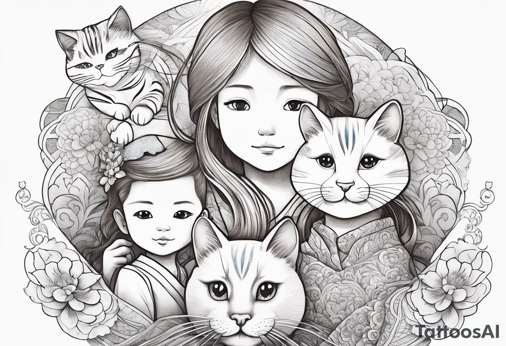 a thin blond boy with long hair and blue eyes of about 10 years old accompanied by two six-year-old twins, one a little chubby, with brown hair down to her shoulders, the three of them riding on a giant white cat tattoo idea