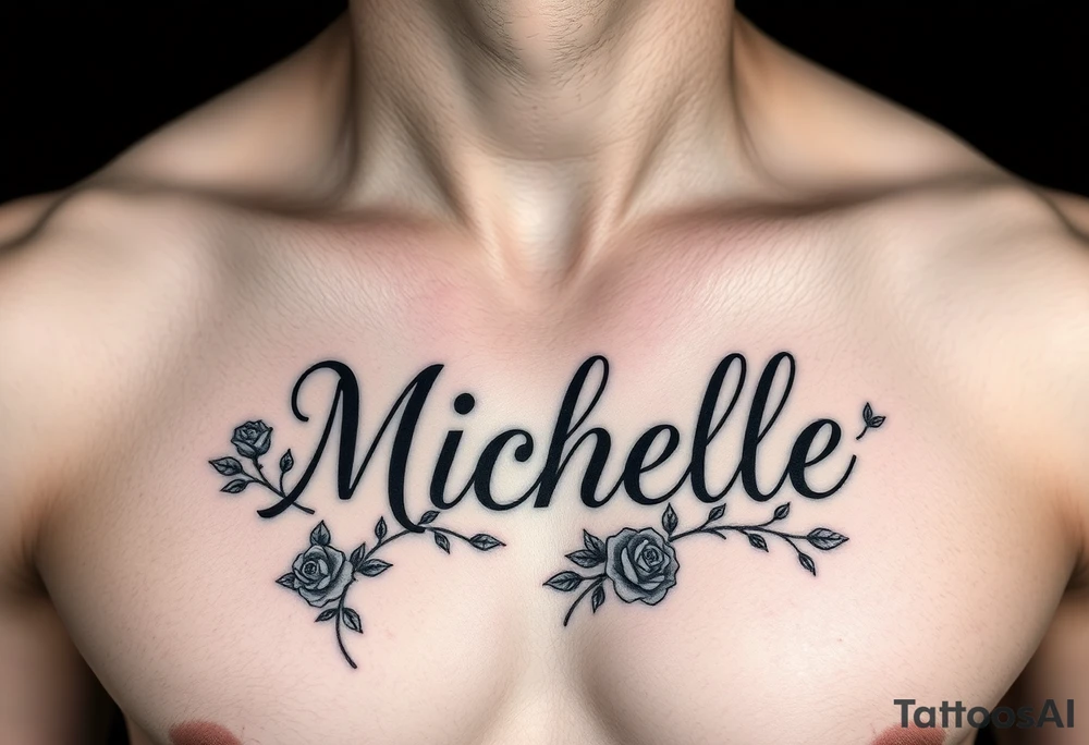 Create a tattoo on a man’s chest if a woman’s name Michelle. Place Ivy and small roses around the name tattoo idea
