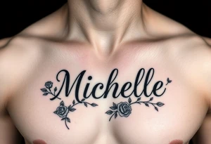 Create a tattoo on a man’s chest if a woman’s name Michelle. Place Ivy and small roses around the name tattoo idea