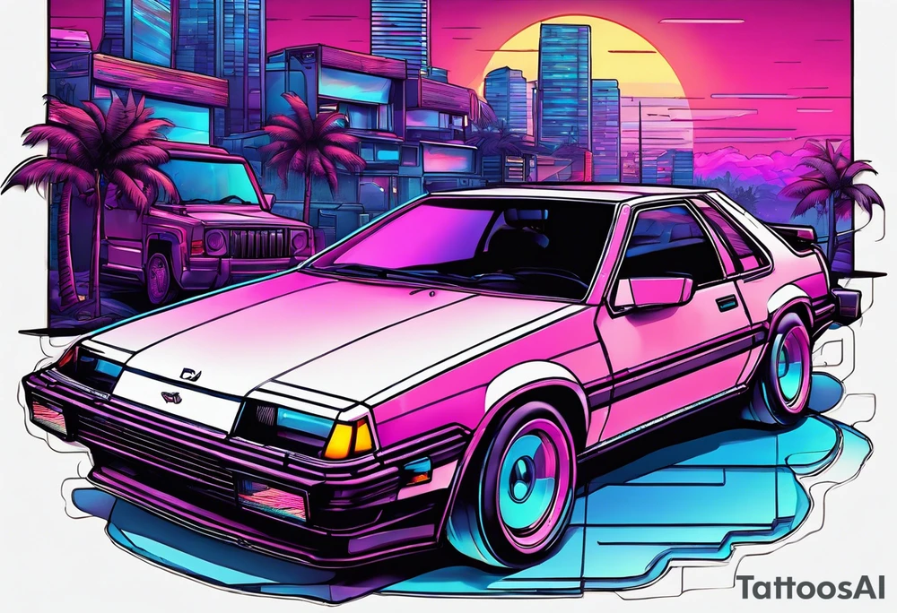 A synthwave scene with a casette, a car from the 80's and an old school computer tattoo idea