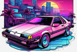 A synthwave scene with a casette, a car from the 80's and an old school computer tattoo idea