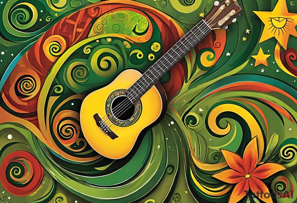 A reggae-inspired acoustic guitar with swirling lines of music notes and stars. Within the swirls, subtle shapes of a tall figure, a short figure, and a rooftop emerge—almost like hidden elements.
Add an abstract sun or moon to represent the tropical vibe of Curaçao evenings.
Use reggae colors (green, yellow, red) sparingly for accents. tattoo idea