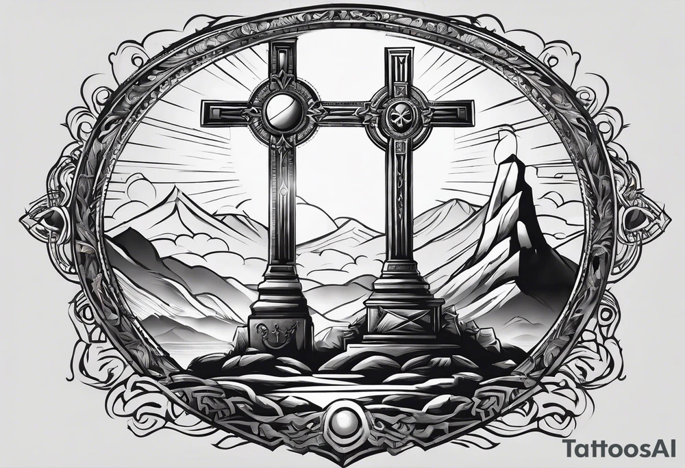 Tomb with cross and sun in the background tattoo idea