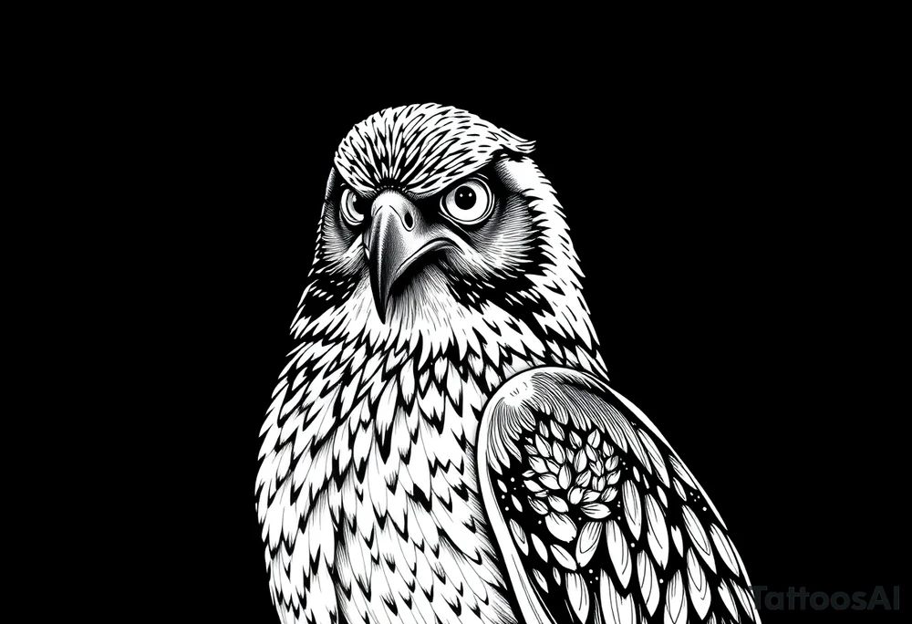 Um desenho em preto e branco de uma aguia, com aparência mística e detalhada. A arte é feita  com muitos traços finos, sombreamento em pontilhismo (dotwork) e formas geométricas. A aguia tem olhos vazios e brilhantes, com penas sobrepostas em formas angulares e orgânicas. As asas e a cauda são longas, com detalhes intrincados que lembram padrões de penas de coruja ou falcão. A pose da aguia é majestosa, com a cabeça voltada para frente e o corpo inclinado para o lado, como se estivesse empoleirado tattoo idea