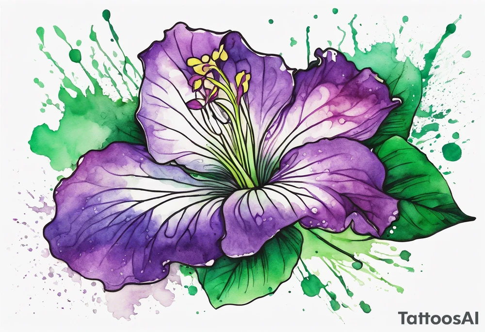 An outline of a green rio dipladenia flower and a green and purple watercolor splash in the background tattoo idea