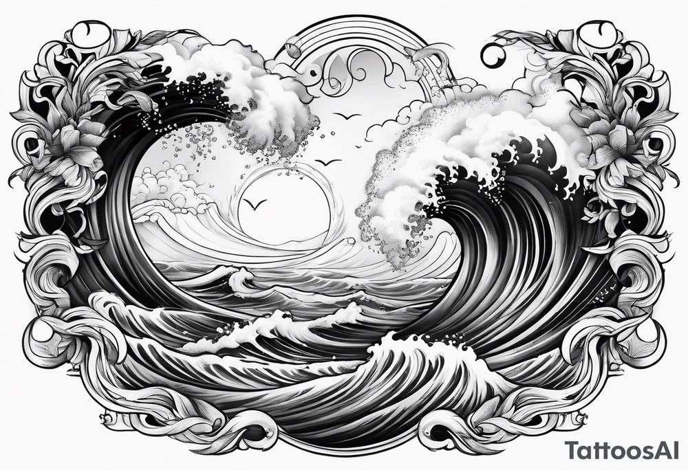 goddess, stormy sea, full length tattoo idea