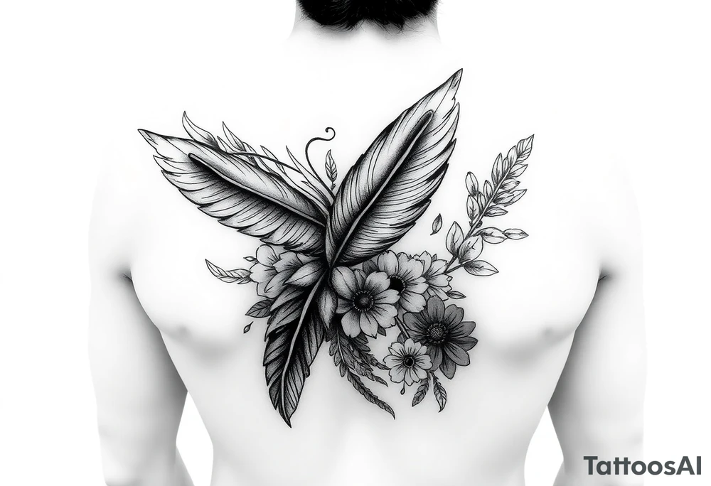 Design a unique and stunning tattoo featuring a 12 cm scar on the right side, incorporating feather and floral elements with the most creative and beautiful ideas. tattoo idea