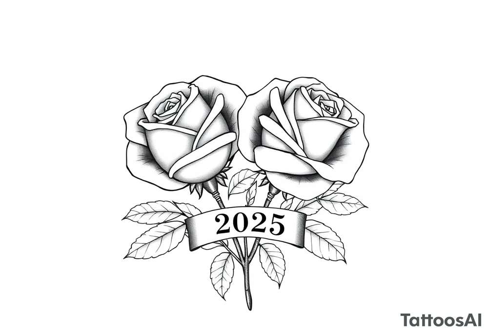 two beautiful large rose buds, one larger than the other, with lots and lots of leaves next to the rose buds, with one sitting slightly higher than the other, side-by-side.  Include a banner connecting the two roses with the year 2025 on it.   Use dark outlines with little shading. No stems tattoo idea