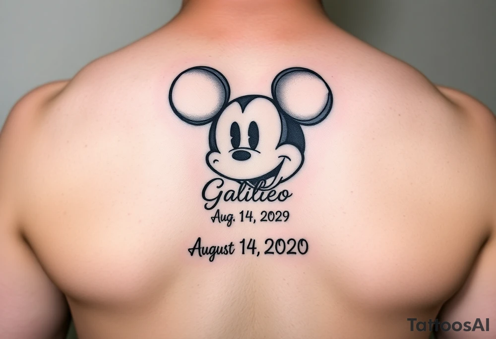 mickey mouse symbol with the name Galileo and the date August 14,2020, incorporated tattoo idea