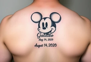 mickey mouse symbol with the name Galileo and the date August 14,2020, incorporated tattoo idea