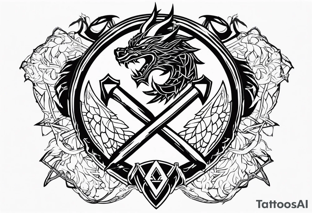 Valhalla sword shield dragon axe Valknut barbed wire chains fire tattoo idea Valhalla sword shield dragon axe Valknut barbed wire chains fire tattoo idea