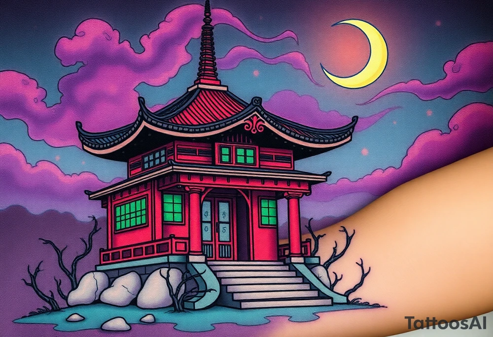 Tim Burton’s haunted pastel Tokyo shrine is abandoned and dripping with muted reds, dusty pinks, and eerie green glow.purple and cyan smokey clouds swirl in the crescent moonlit sky thats sprinkled with stars tattoo idea tattoo idea