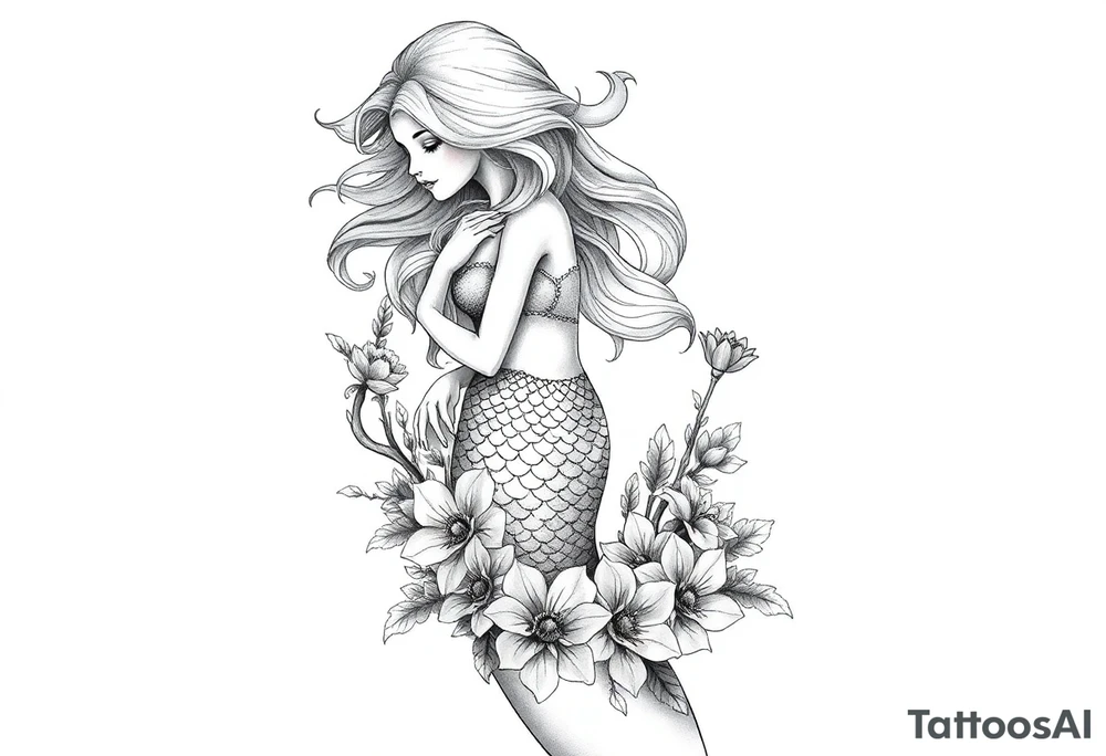 ethereal mermaid with flowing hair among coral and sea flowers tattoo idea