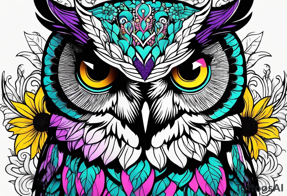 Black and white owl shaded teal, pink and purple surrounded by yellow sunflowers sleeve tattoo idea