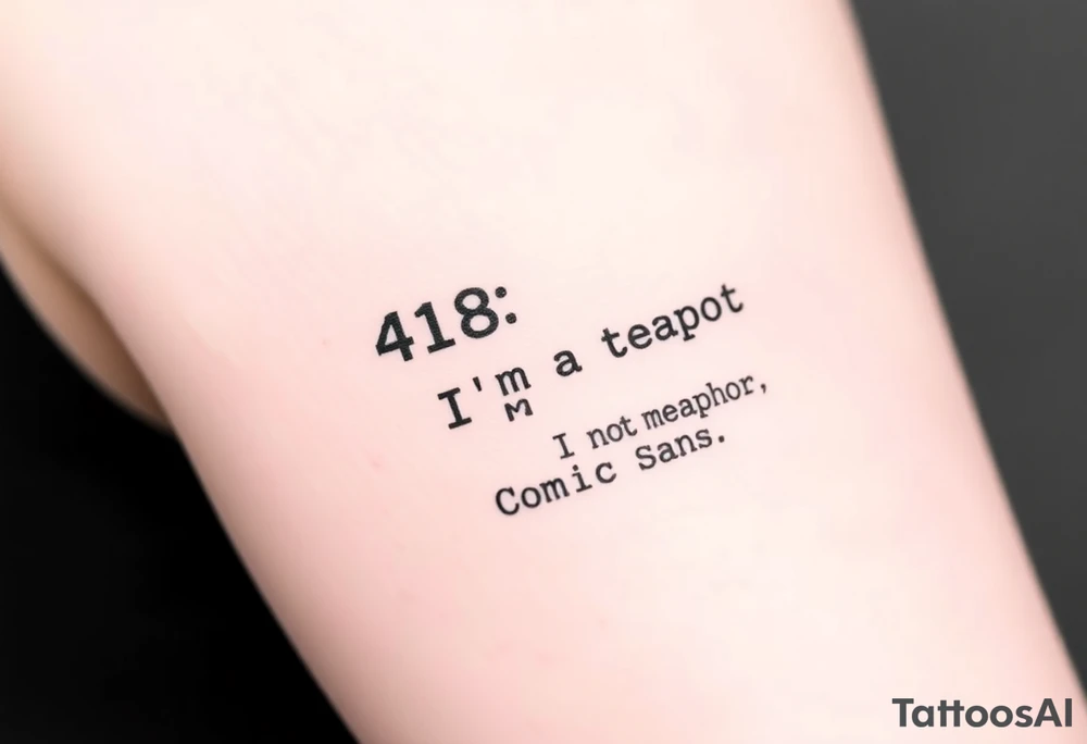 "Minimalist black tattoo of a server error message:  
'418: I’m a Teapot' in pixelated font.  
Below: tiny 'This is not a metaphor' in Comic Sans.  

Style: Glitch art. Placement: Inner arm. No colors." tattoo idea