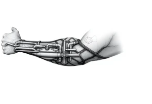 long System of pipes that transitions into veins of forearm tattoo idea
