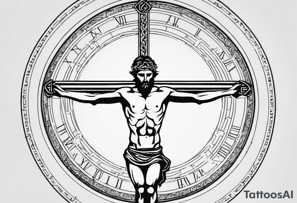 Crucified man inside a circle of Roman numerals tattoo idea