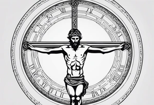 Crucified man inside a circle of Roman numerals tattoo idea