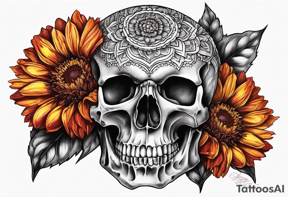 Indian blanket flower skull tattoo idea