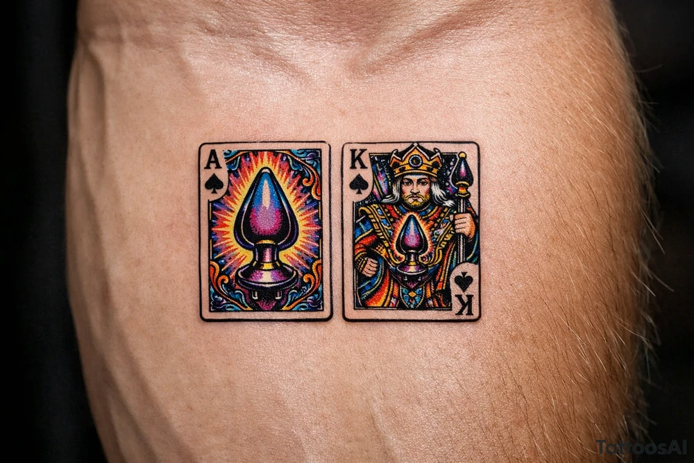 Two regal playing cards, Ace and King of Spades, stylized butt plugs as spades tattoo idea