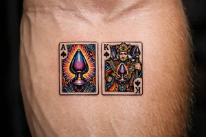 Two regal playing cards, Ace and King of Spades, stylized butt plugs as spades tattoo idea