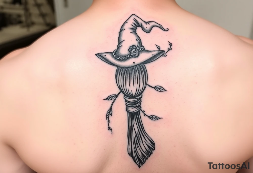 Which is broom with a witches hat with vines and feathers 
Smaller broom with hat placed on top or in the middle
Feminine and on a leg tattoo idea