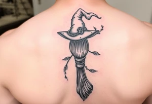 Which is broom with a witches hat with vines and feathers 
Smaller broom with hat placed on top or in the middle
Feminine and on a leg tattoo idea