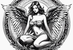 angel girl kneeling inside the symbol of satan vector  with face looking down wings wide open. tattoo idea