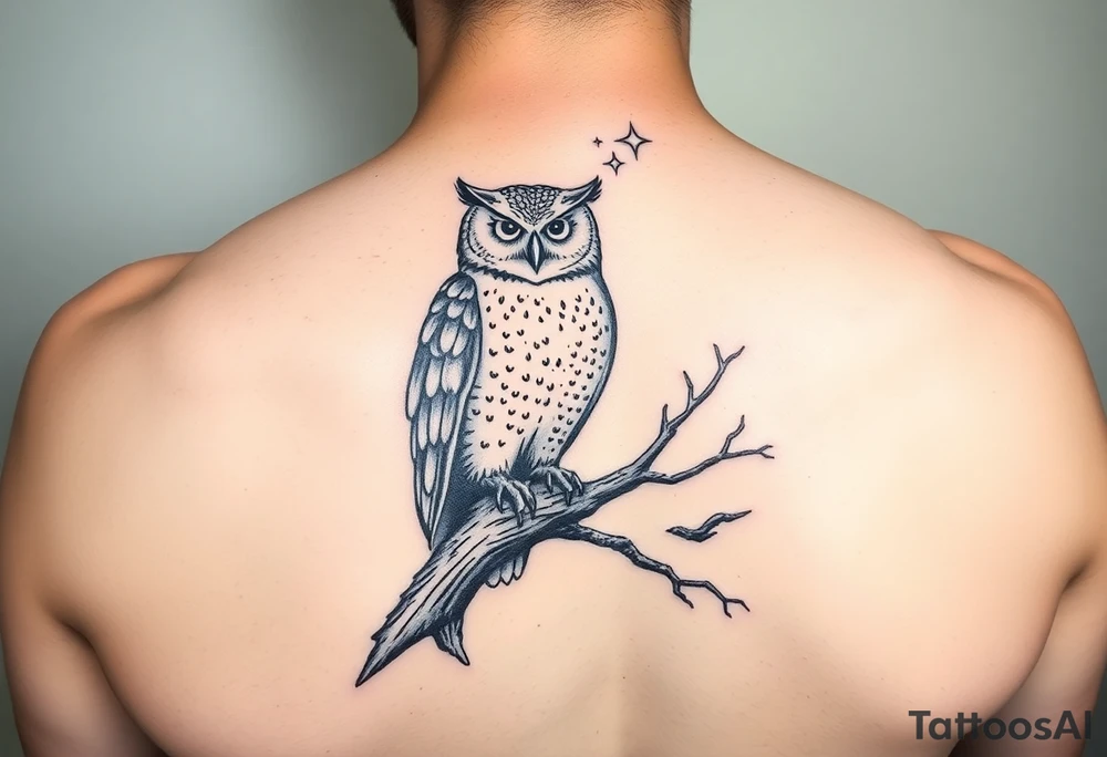 wise owl perched on ancient oak branch under starlit sky tattoo idea