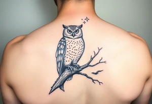 wise owl perched on ancient oak branch under starlit sky tattoo idea
