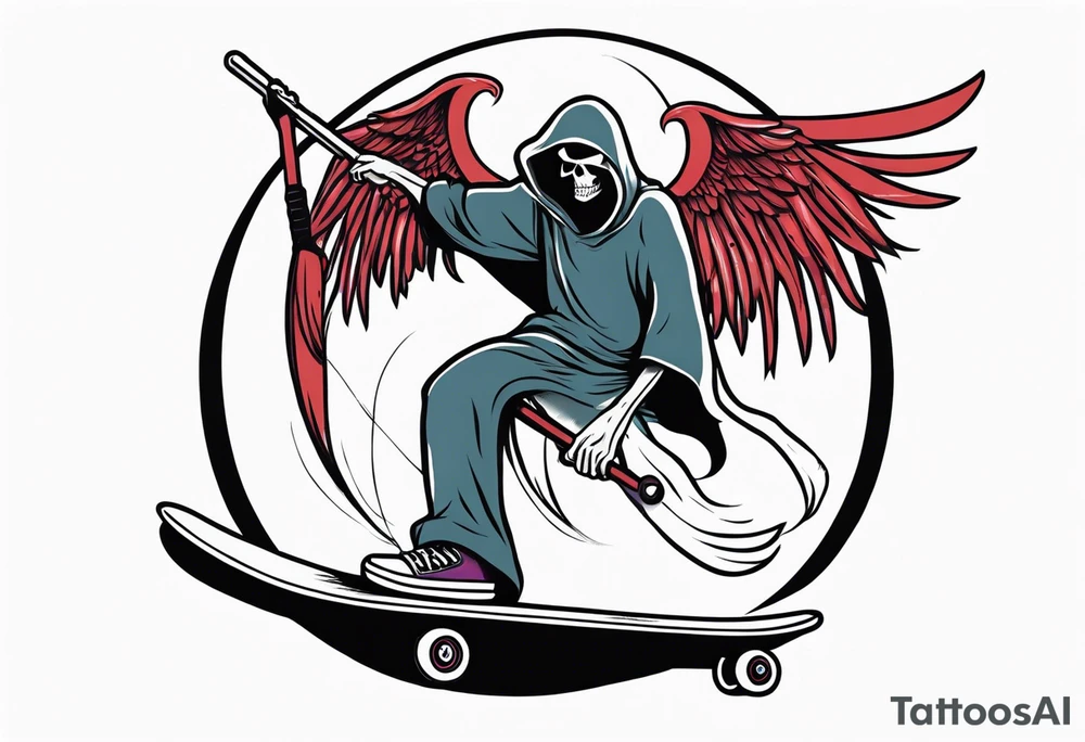 the grim reaper riding a skateboard with an angel halo above his head tattoo idea