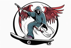 the grim reaper riding a skateboard with an angel halo above his head tattoo idea