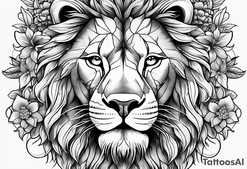 Lion face half delicate half lion one eye blue one eye green a flowers and butterflies on delicate side tattoo idea