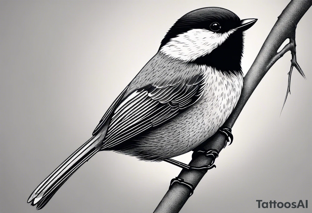 Illustrate a tattoo of a chickadee perched on a twig, focusing on clean lines and minimal detail for an understated design tattoo idea