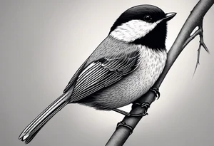 Illustrate a tattoo of a chickadee perched on a twig, focusing on clean lines and minimal detail for an understated design tattoo idea