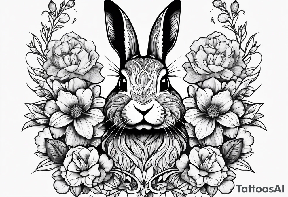 Rabbit head and flowers tattoo idea