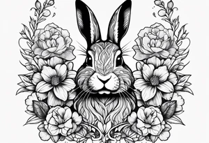 Rabbit head and flowers tattoo idea