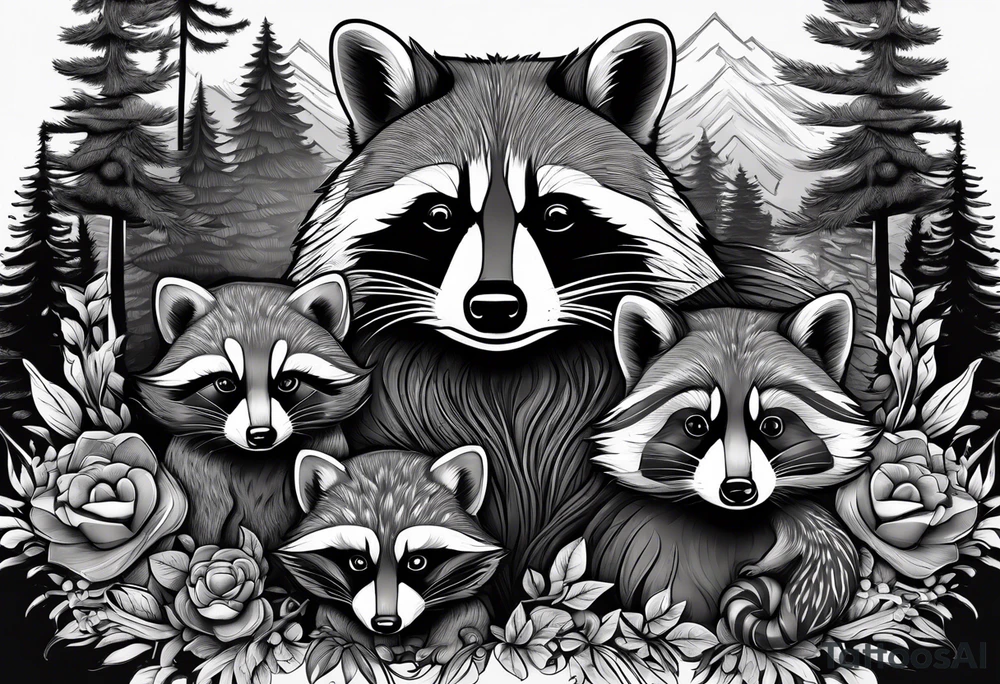 Very detailed Raccoon Husband with wife and 3 sons.
Background modern House between woods tattoo idea