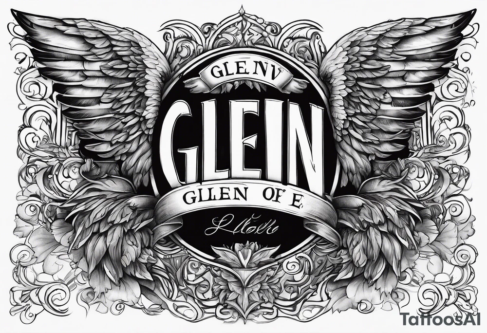 The word Glenn on a banner with angel Wings tattoo idea