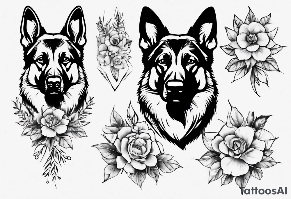 German Shepherd with flowers tattoo idea