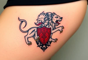 A majestic double-tailed silver lion with golden claws and a red tongue, standing proudly on a red shield, symbolizing strength and courage tattoo idea