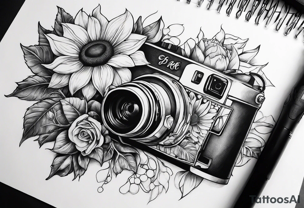 sunflower, camera, fish, flower rose tattoo idea