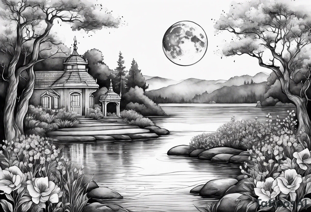 Secret, hidden garden, flowers, lake , moon tattoo idea Secret, hidden garden, flowers, lake , moon tattoo idea