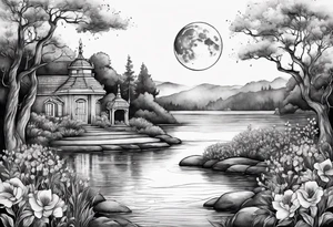 Secret, hidden garden, flowers, lake , moon tattoo idea