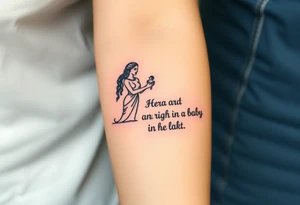 Greek black goddess Hera holding a baby in her right an a ak in the left tattoo idea